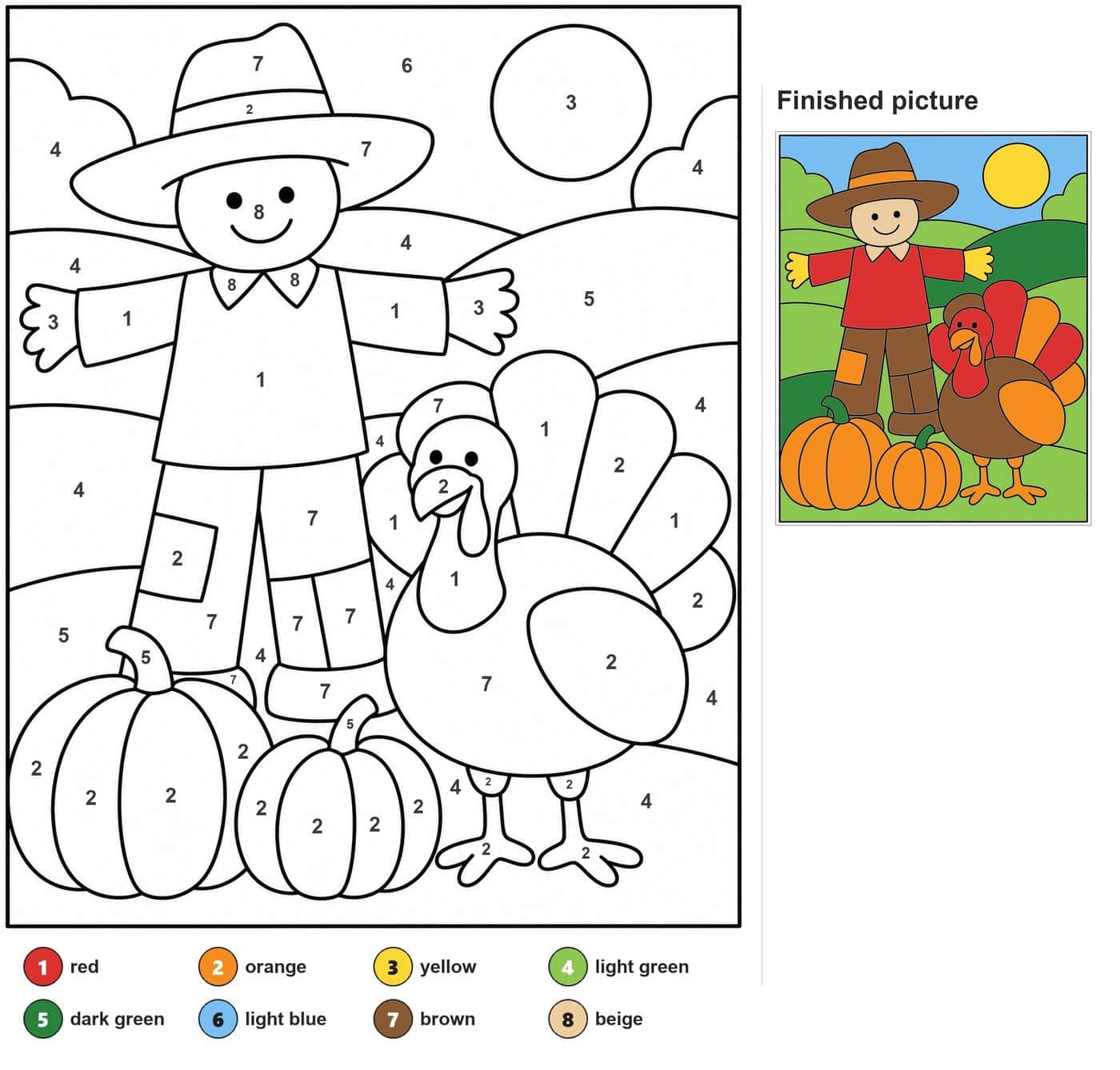 Scarecrow in a hat, turkey with fanned tail, two pumpkins, sun and hills