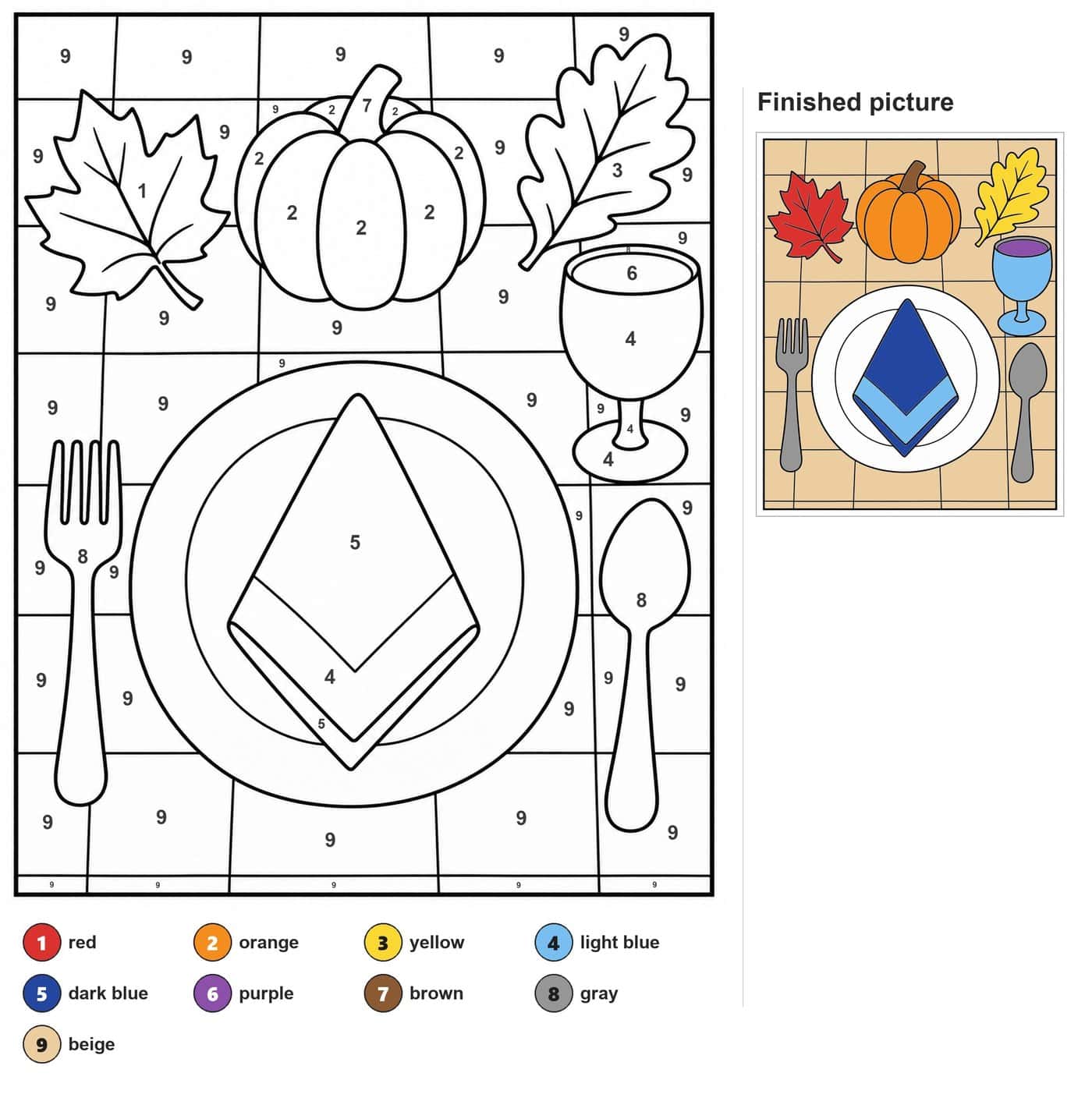 Table setting with plate, napkin, fork, spoon, goblet, pumpkin, maple leaf and oak leaf on a grid cloth