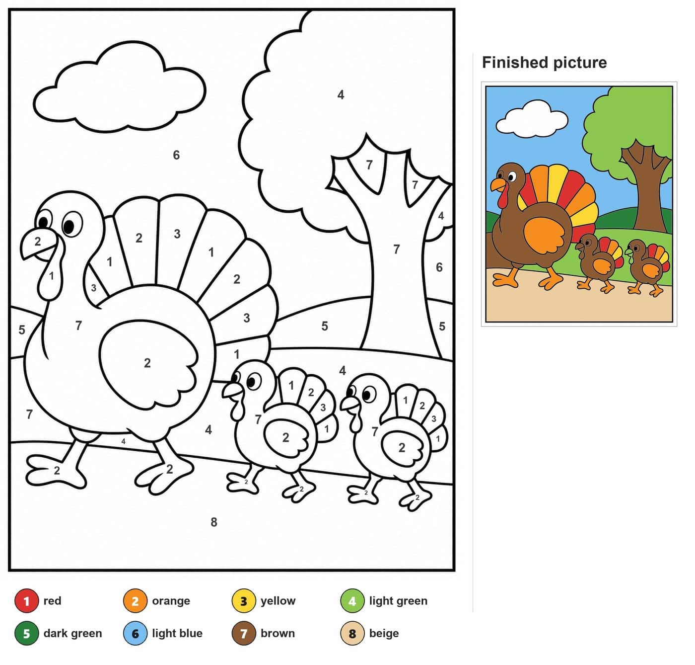 Mother turkey and two chicks walking on hills with a cloud and a tree