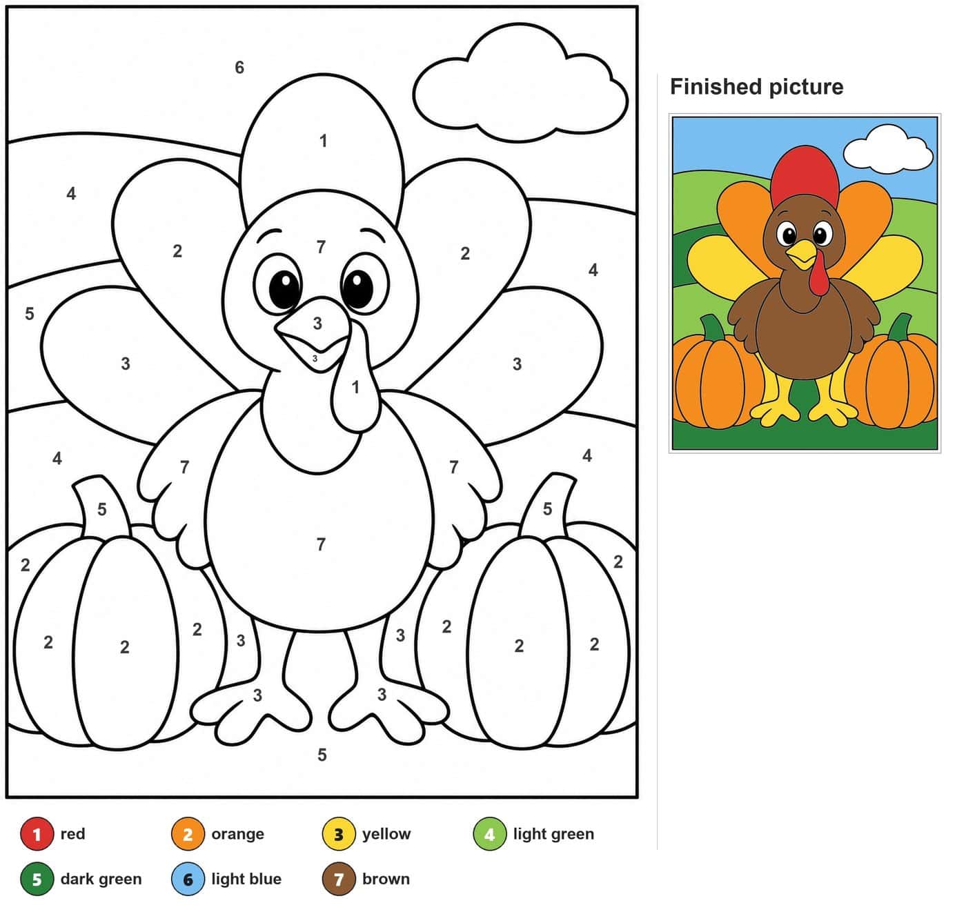 Cartoon turkey with fanned tail between two pumpkins, hills and a cloud behind
