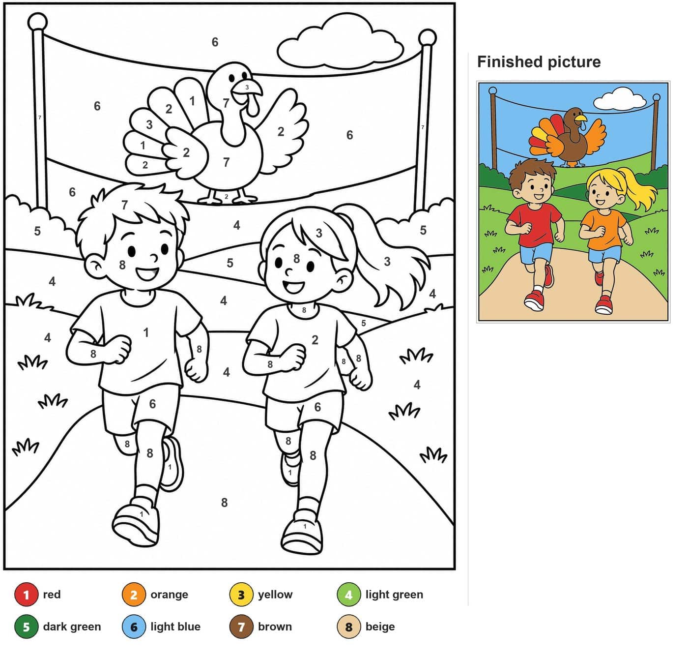 Boy and girl jogging toward a finish banner with a turkey, hills, bushes and a cloud