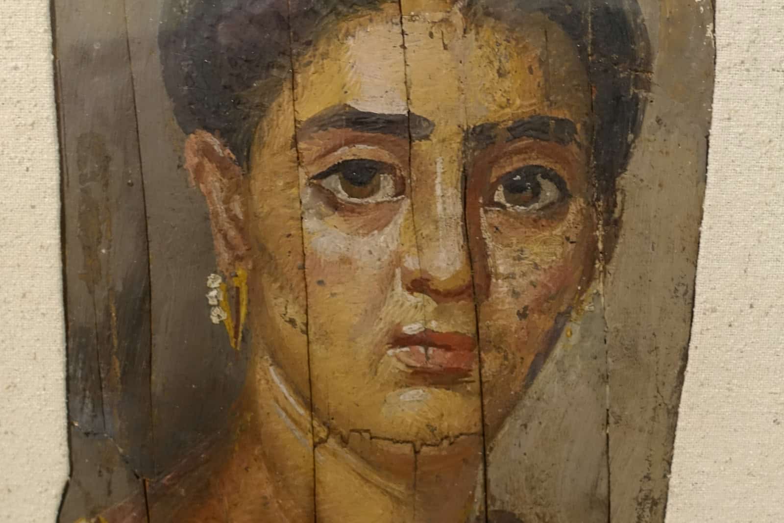 Roman-period mummy portrait of a woman with dark hair, jewelry, and a purple garment.