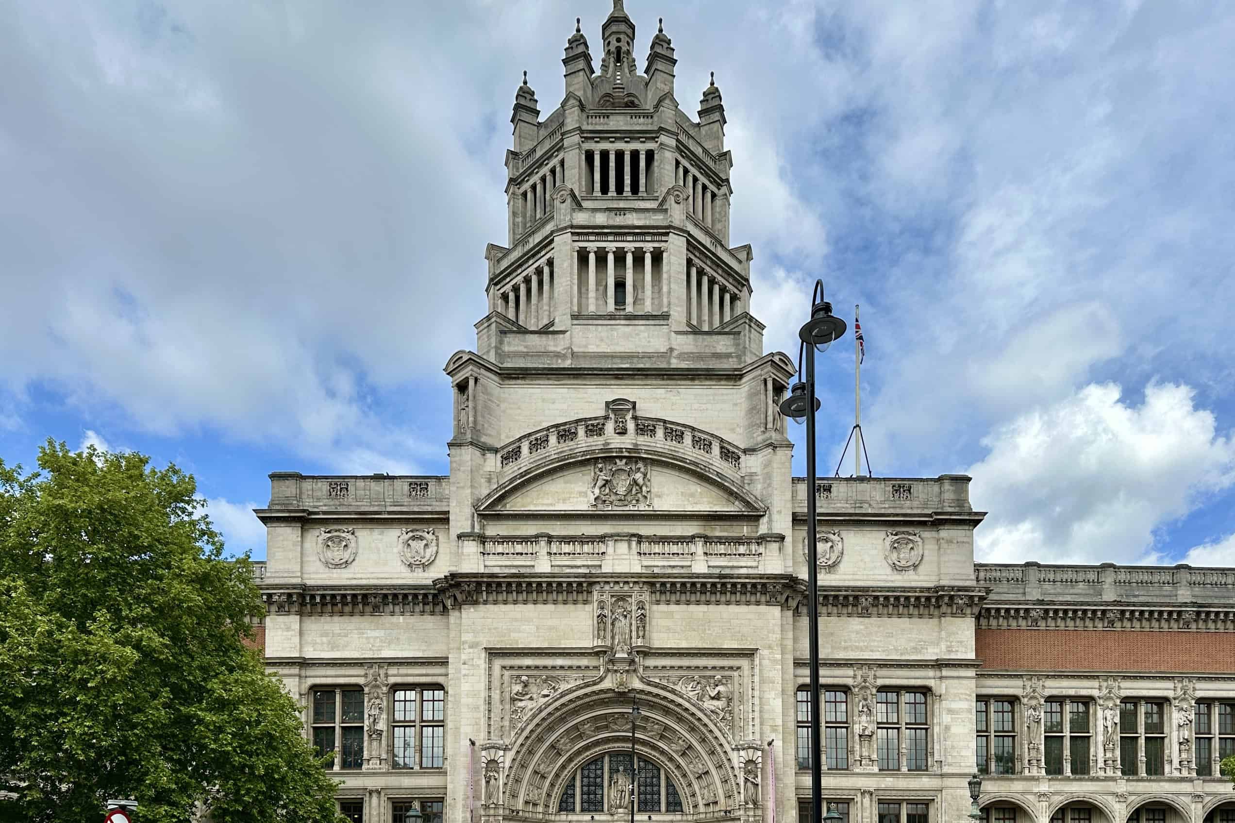 The ornate exterior of the Victoria and Albert Museum on Cromwell Road in London.