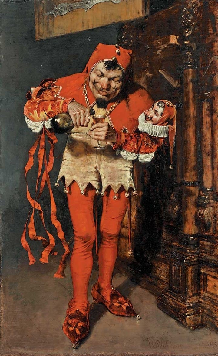 Keying Up: The Court Jester (1875) uses strong tonal contrasts and emphatic reds to stage a comic Munich subject.