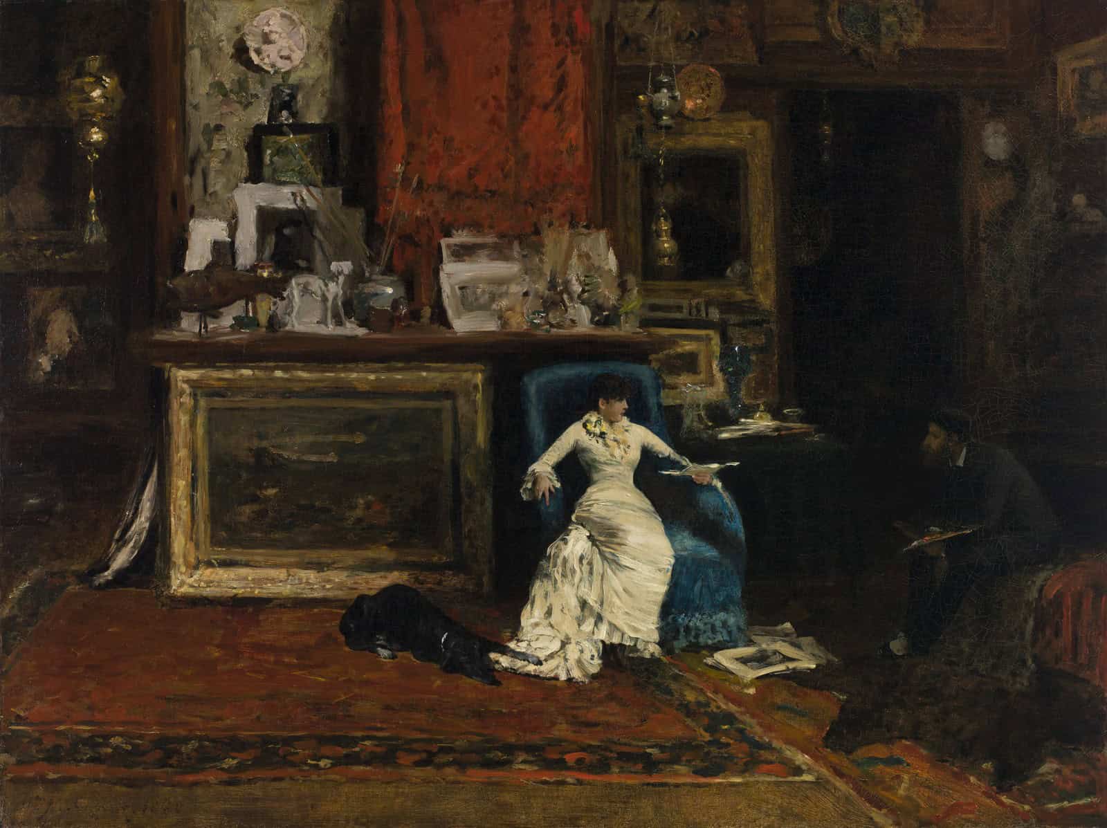 The Tenth Street Studio (1880) places an artist, model, and dog amid Chase’s densely furnished New York studio.