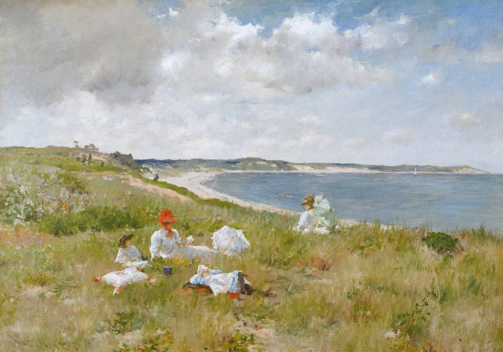 Idle Hours (ca. 1894) depicts four figures resting in the grass near the Shinnecock coast.