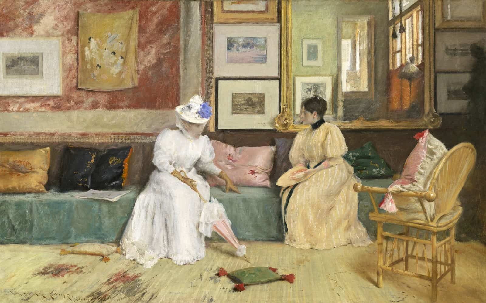 A Friendly Call (1895) places Alice Chase and a visitor inside the family’s Shinnecock studio.