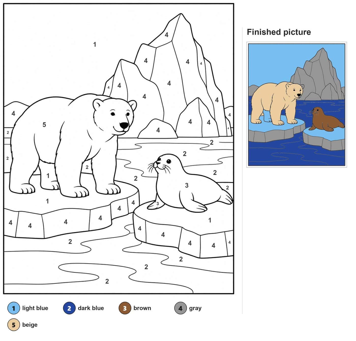 Polar bear and seal on ice floes in front of tall icebergs, with wavy water lines