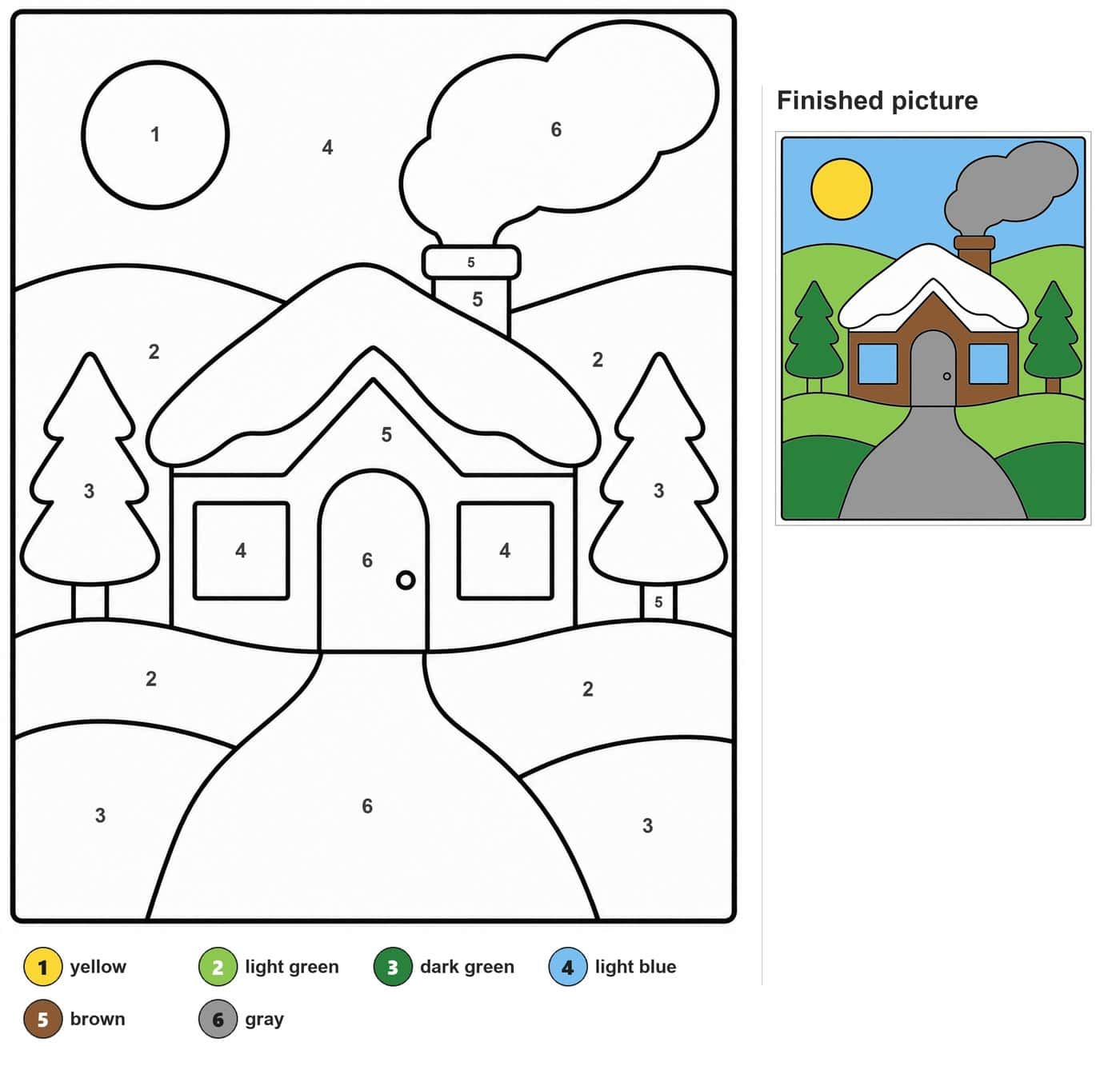 Snow-covered cabin with chimney smoke, sun, two pine trees, hills and a path