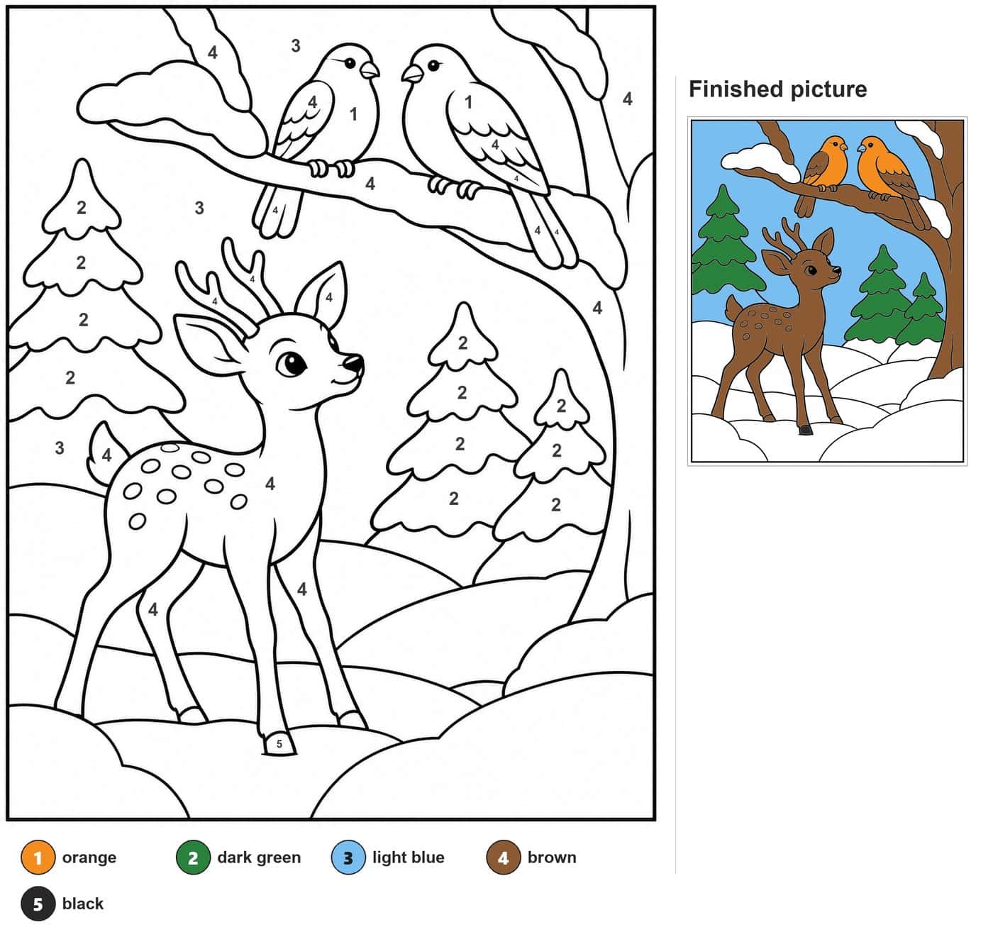 Spotted fawn gazing up at two birds on a snowy branch, with fir trees and hills