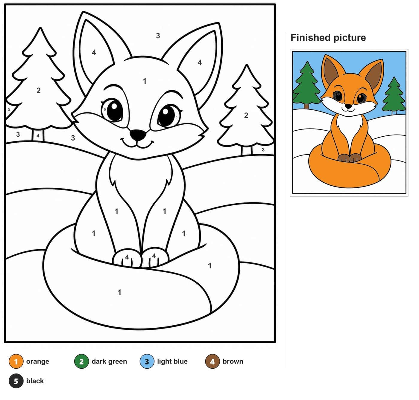 Smiling fox cub sitting with curled tail, two pine trees and snowy hills behind