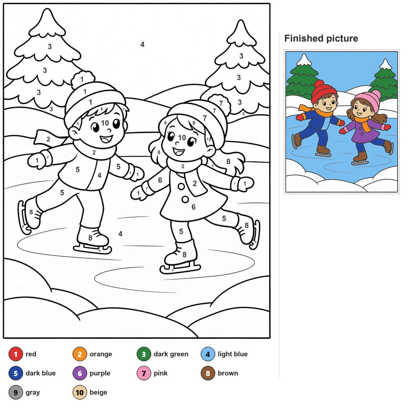 Boy and girl skating on a frozen lake with pom-pom hats, scarves, two snowy pines and hills