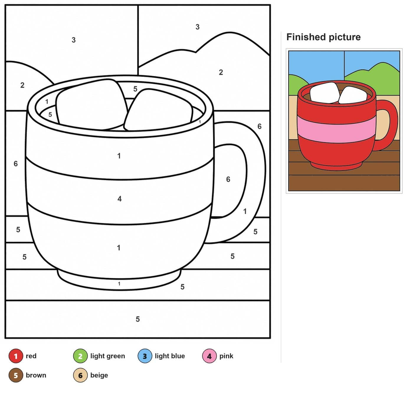 Hot cocoa mug with two marshmallows, striped body and handle, in front of a window with snowy hills