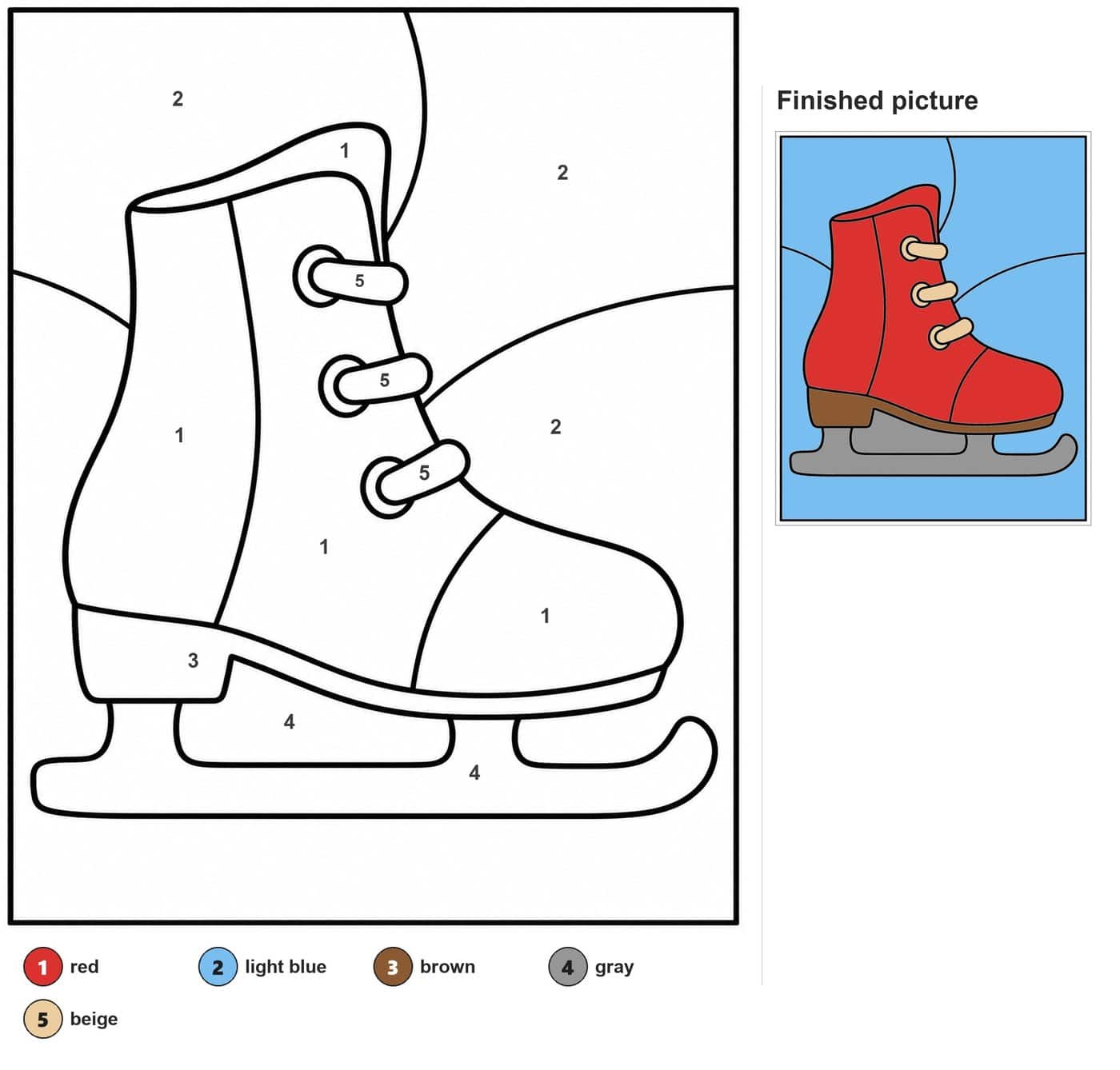Ice skate with three lace loops, a curved blade and snow hill lines behind it