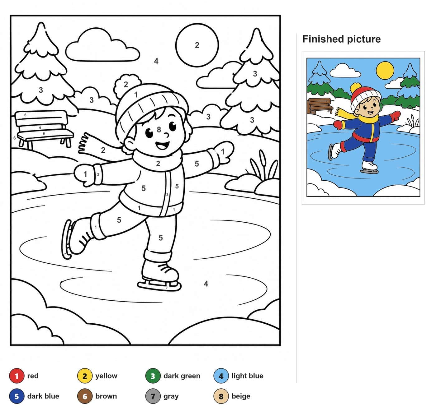 Child in beanie and scarf ice skating on a pond with a bench, pine trees, sun and clouds