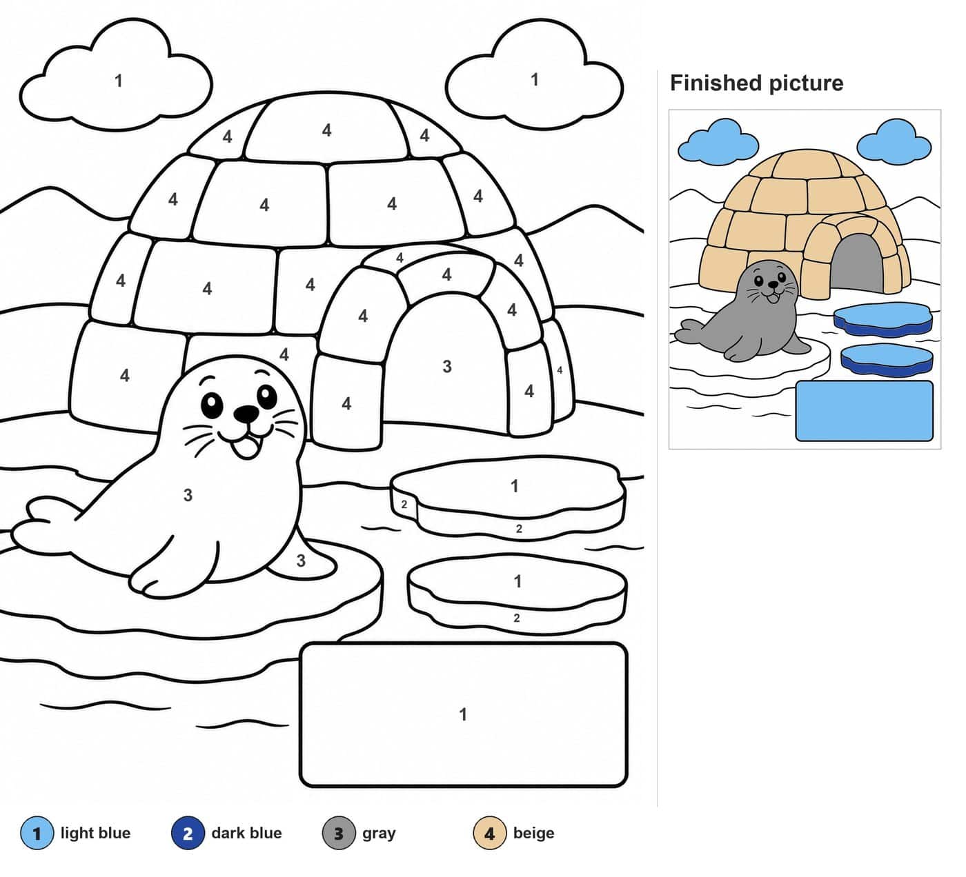 Smiling seal pup on an ice floe in front of a block igloo, with two ice floes, clouds and hills