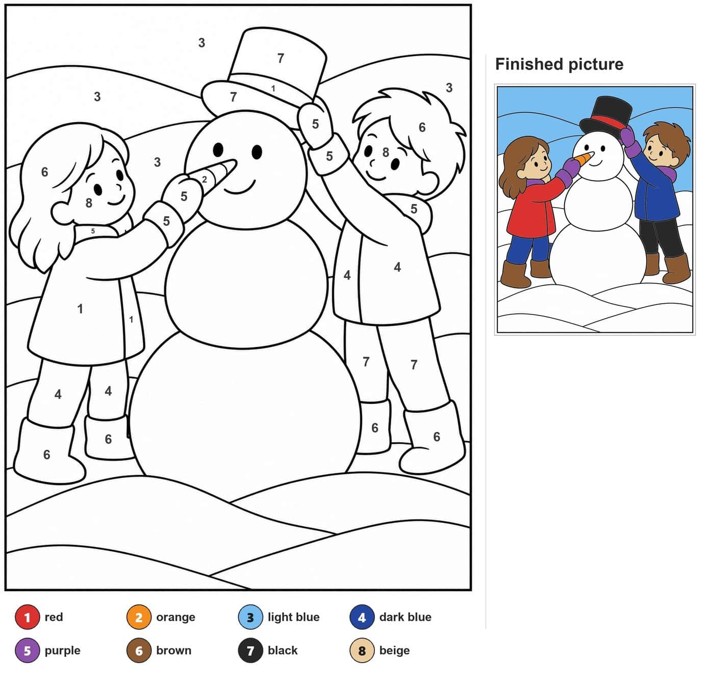 Girl and boy building a three-ball snowman with carrot nose and top hat on snowy hills