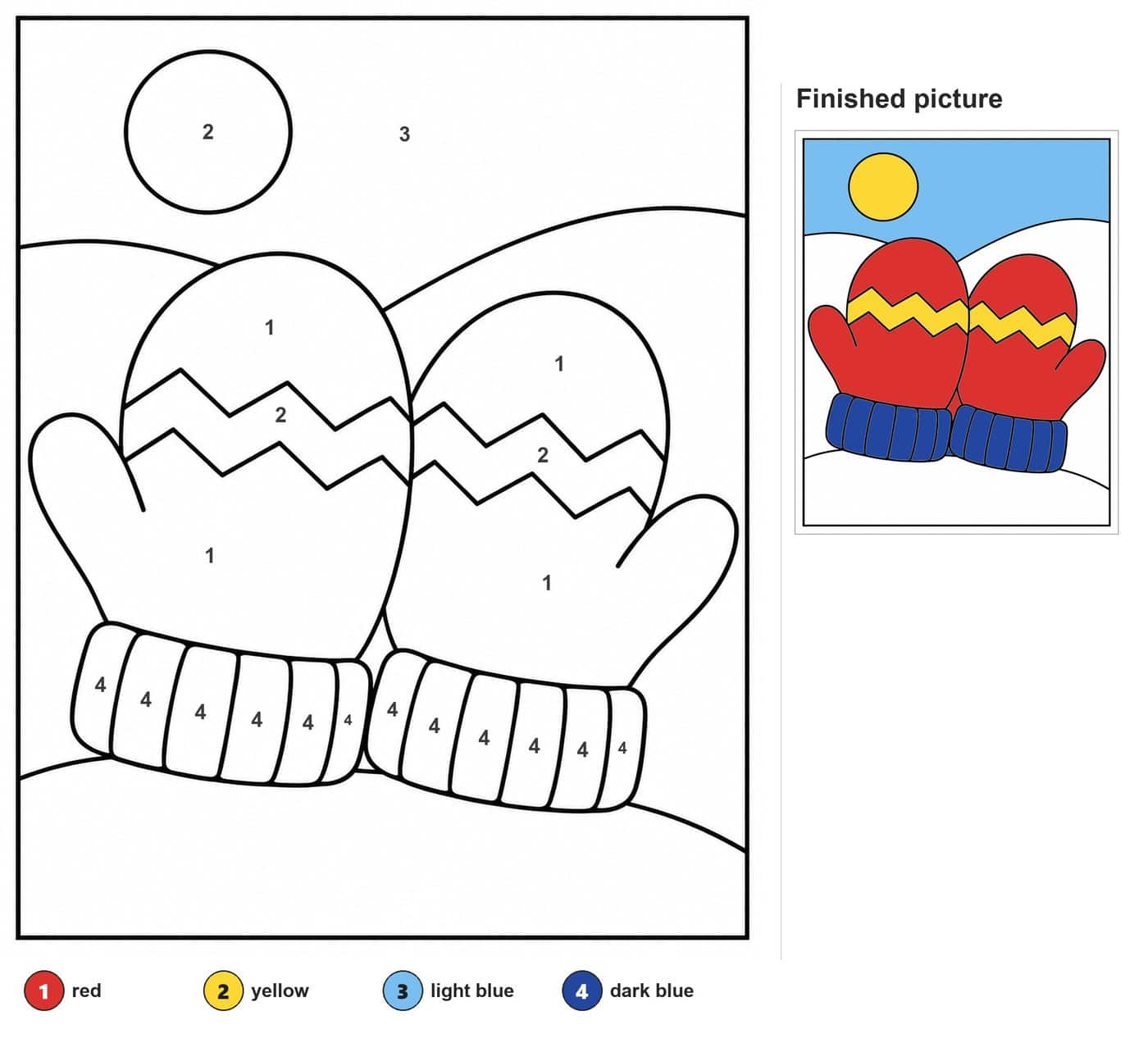 Pair of mittens with zigzag stripes and ribbed cuffs, snowy hills and a round sun behind