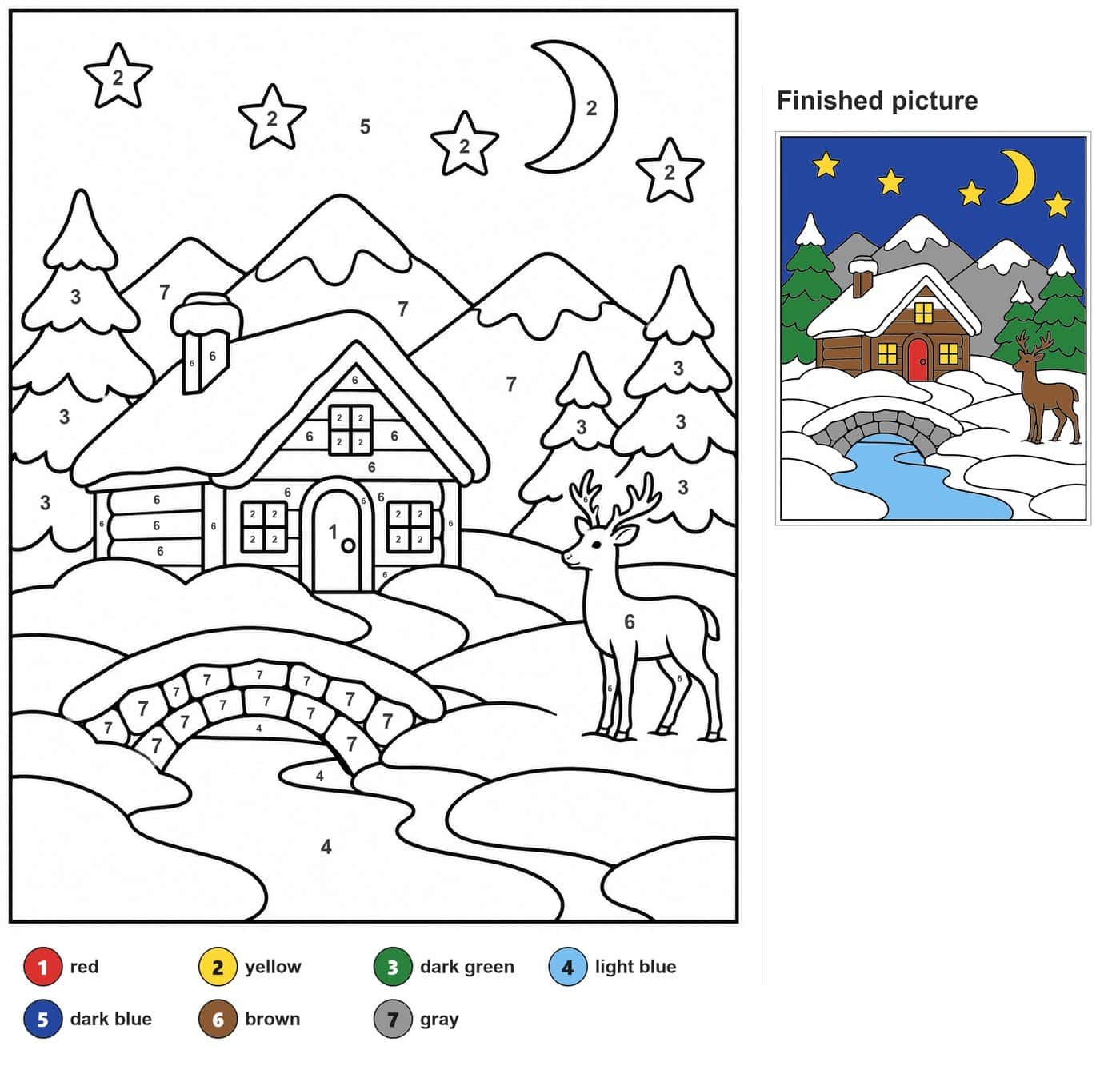 Snowy log cabin, stone bridge, stag, pine trees, mountains, four stars and a crescent moon