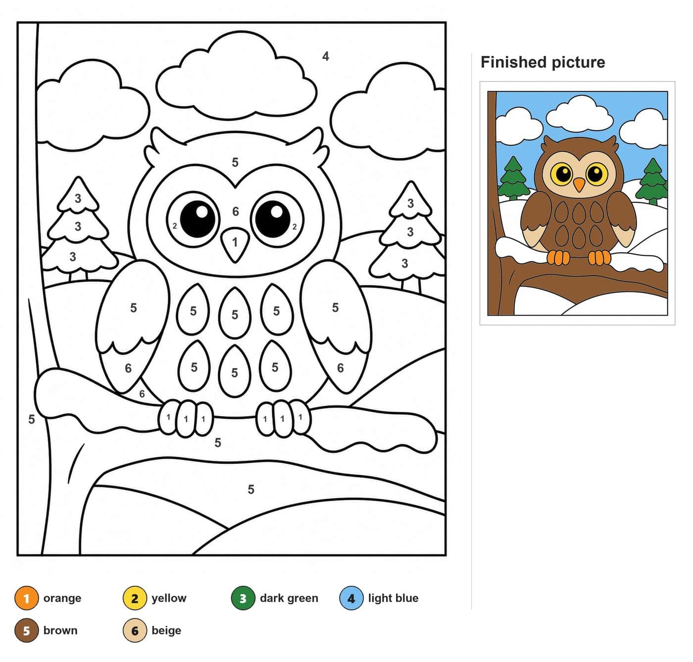 Owl on a snowy branch with teardrop belly feathers, two pine trees, hills and three clouds