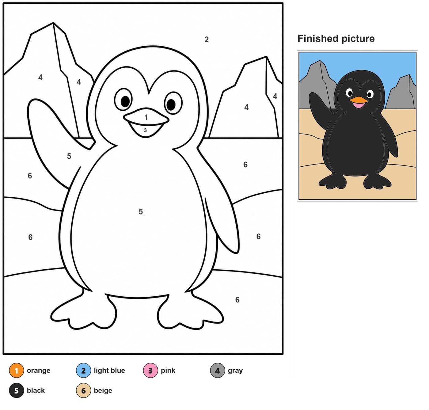Waving penguin with open beak, two icebergs and snowy hills behind it