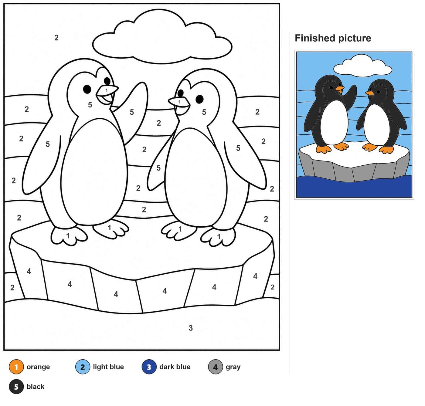 Two penguins talking on an ice floe under a cloud with wave lines behind