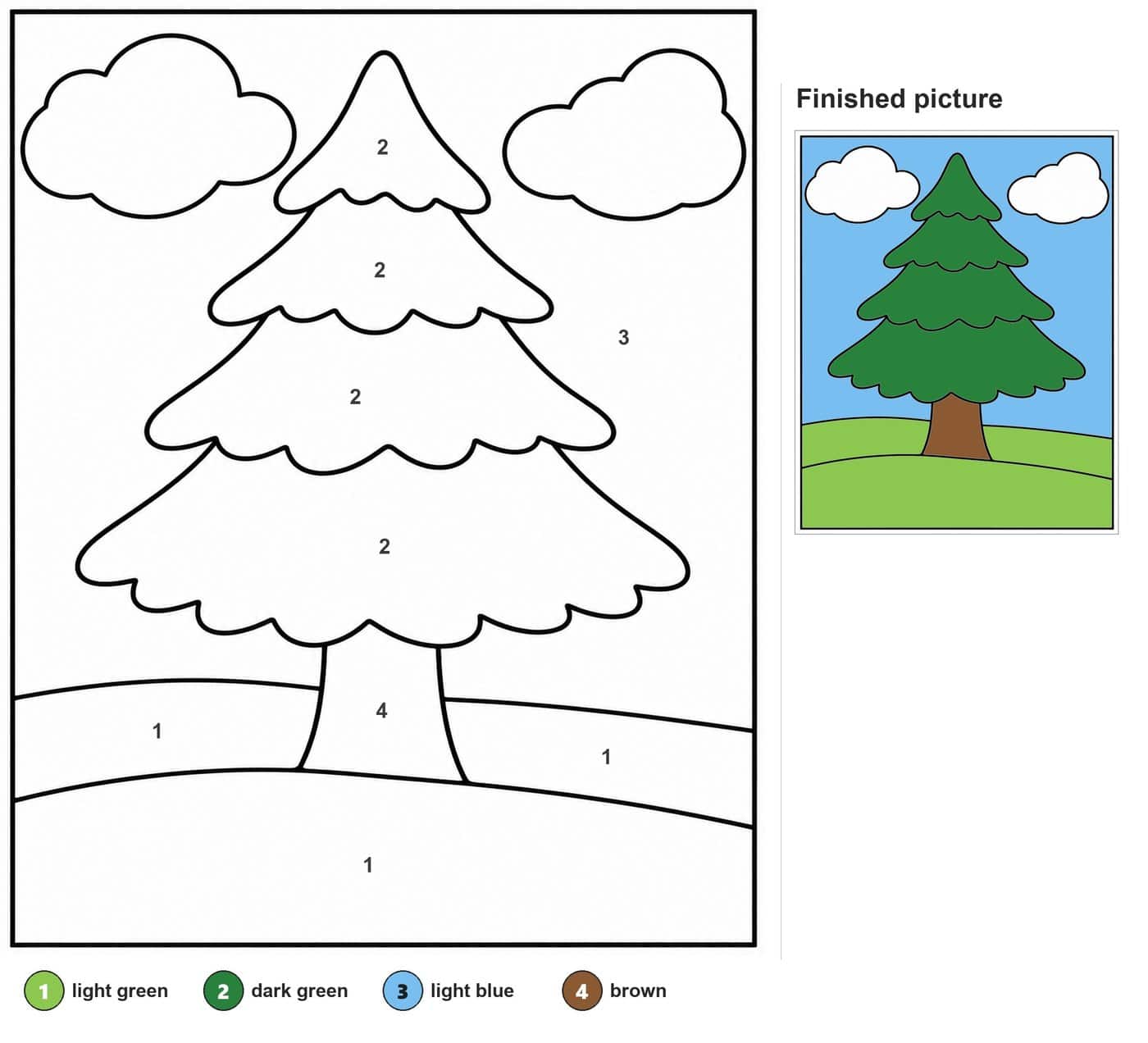 Four-tier pine tree with trunk, two clouds and two snowy hills