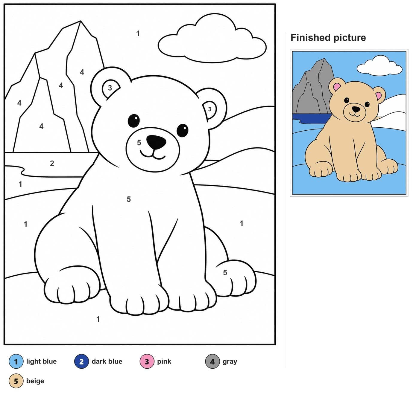 Polar bear cub sitting in front of an iceberg, snowy hills and a cloud
