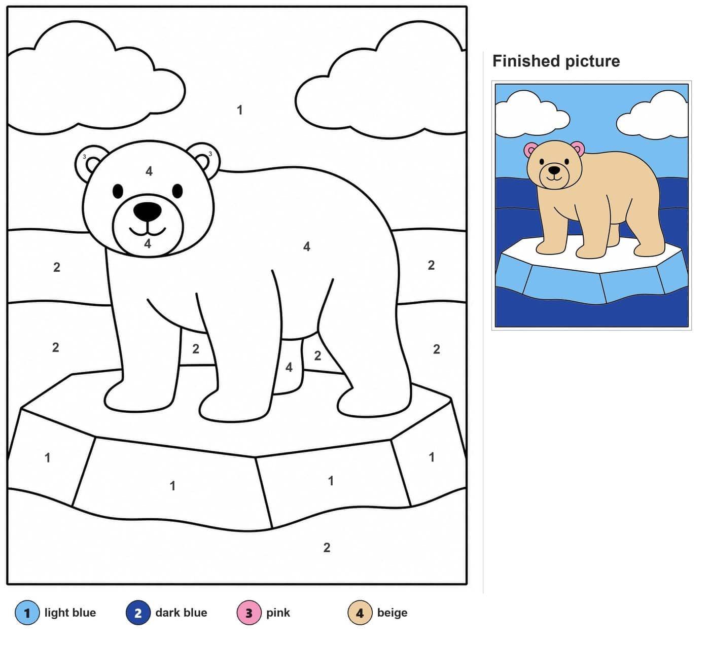 Polar bear standing on an ice floe with two clouds and wavy sea lines behind