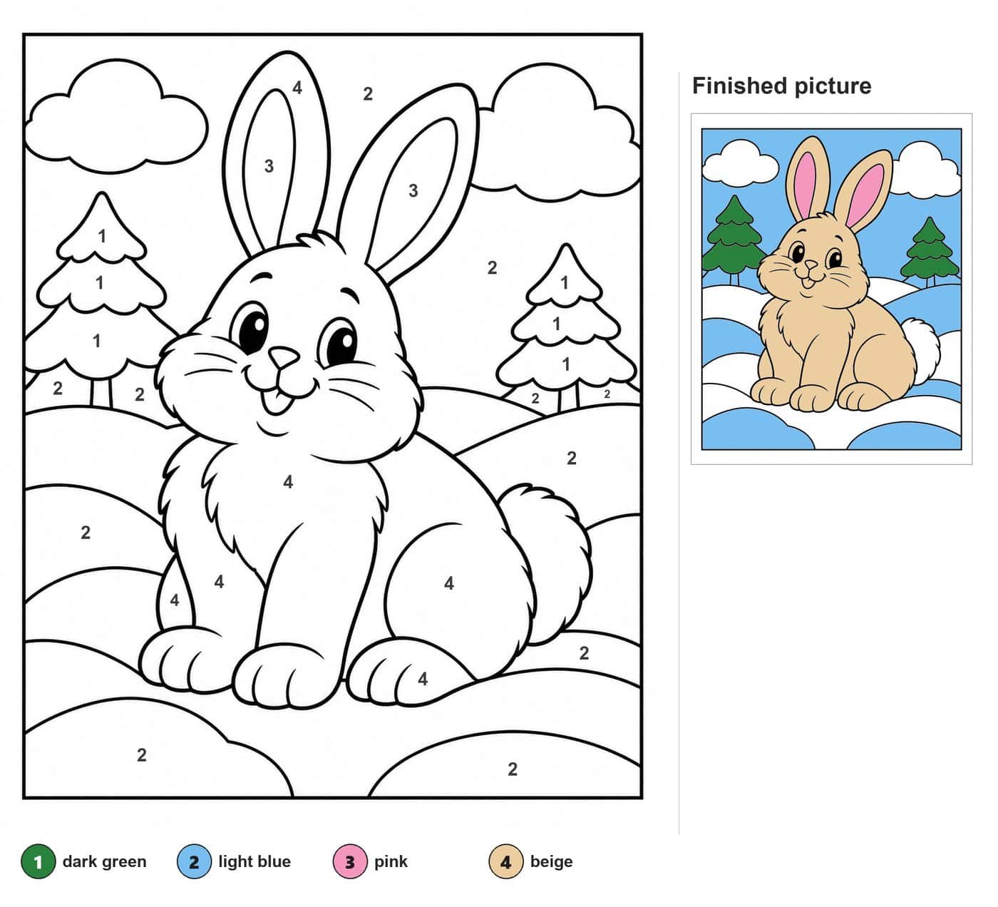 Smiling rabbit with long ears sitting on snowy hills with two pine trees and two clouds