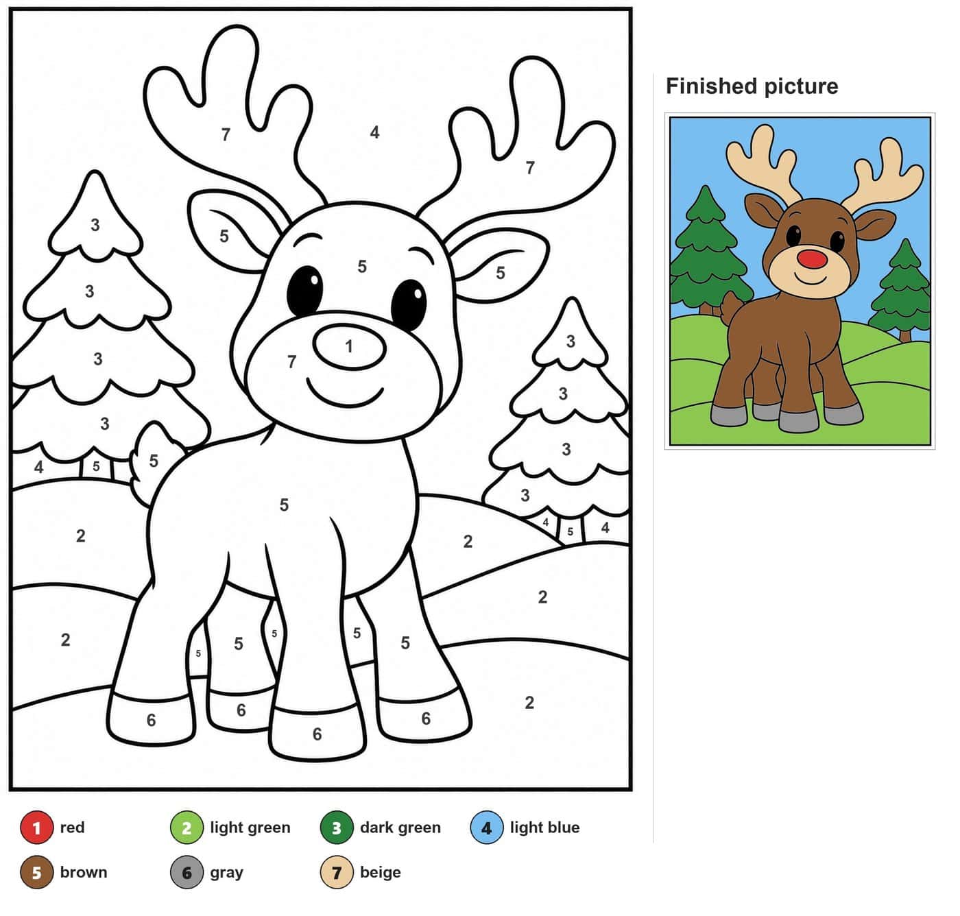 Smiling baby reindeer with wavy antlers, two snowy pine trees and rolling hills