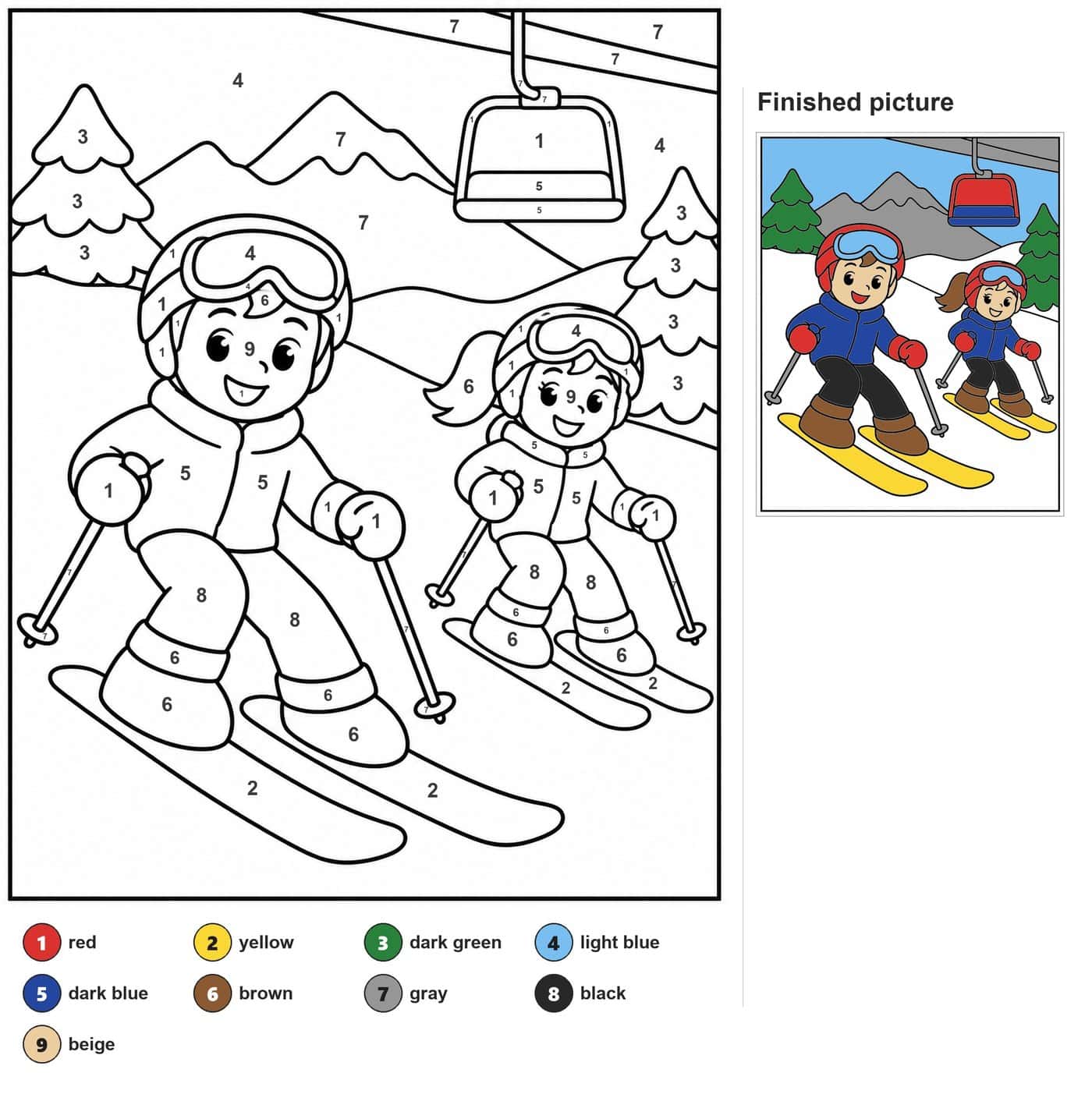 Two children skiing with poles, a chairlift cabin, mountains and snowy pine trees