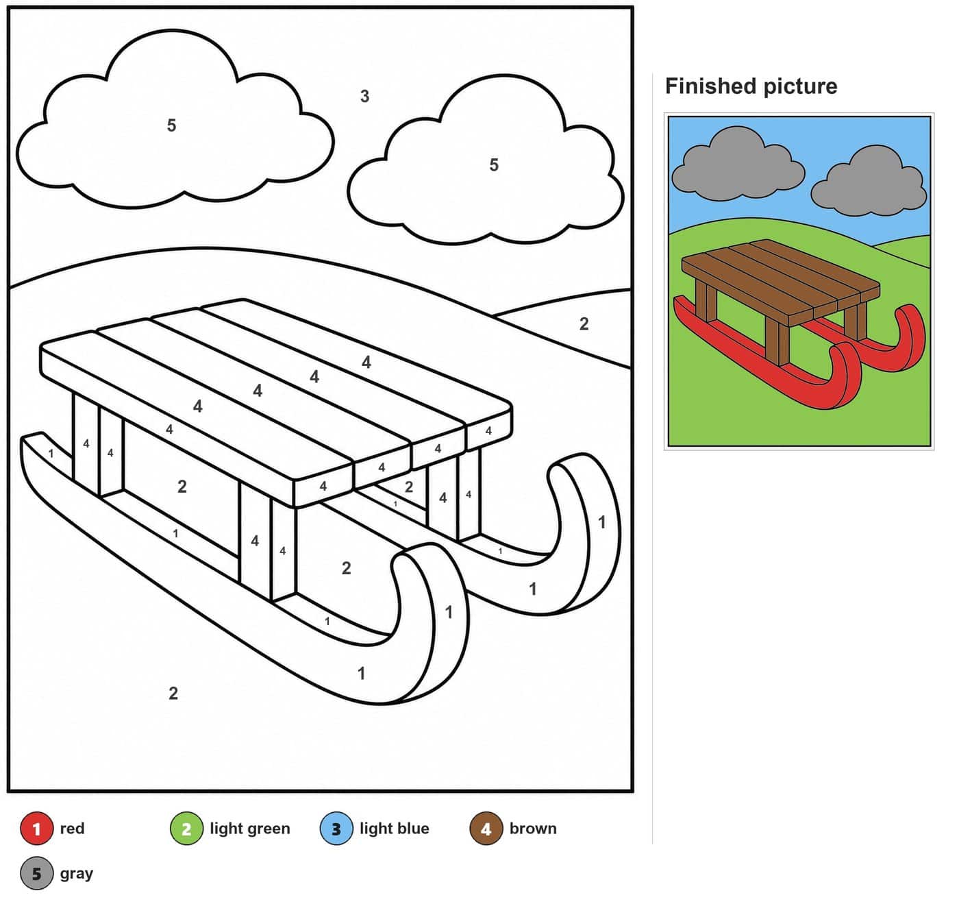 Wooden sled with four seat planks and curled runners, two clouds and snowy hills behind