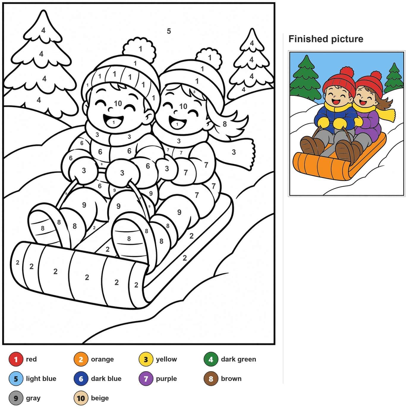 Boy and girl in pom-pom hats laughing on a sled, with snowy hills and two fir trees