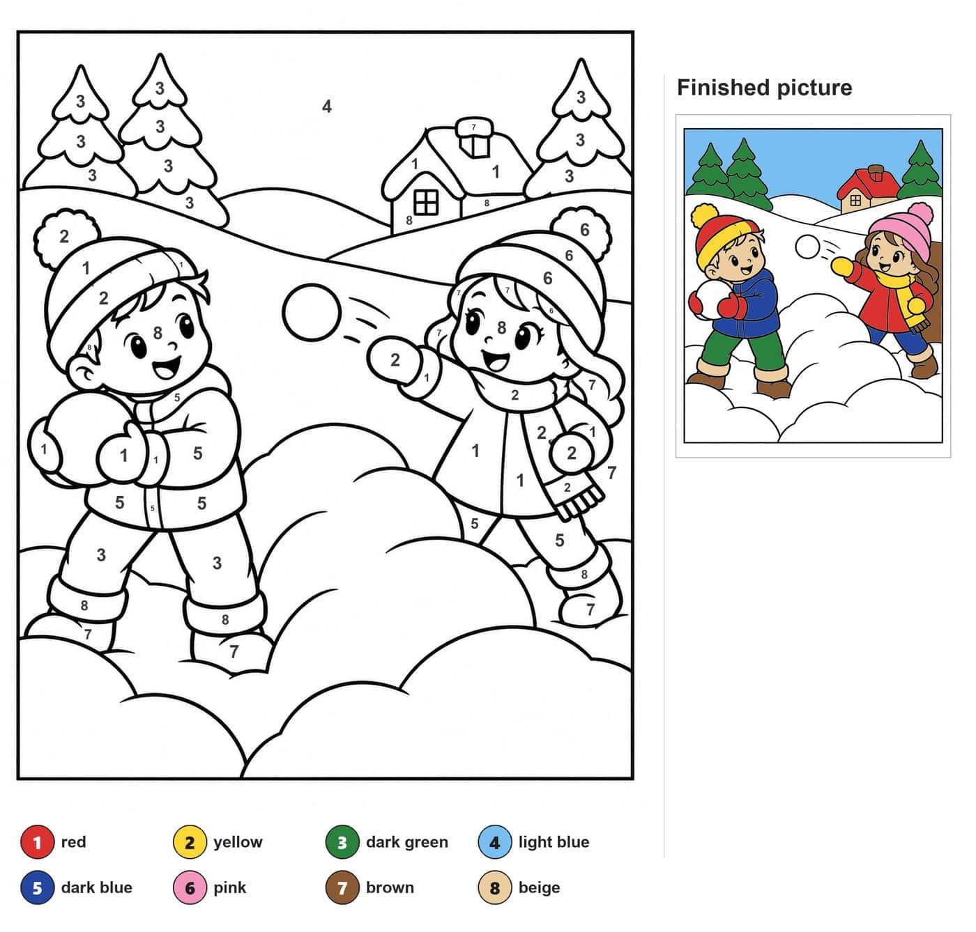 Boy and girl having a snowball fight with snow mounds, a cottage and pine trees
