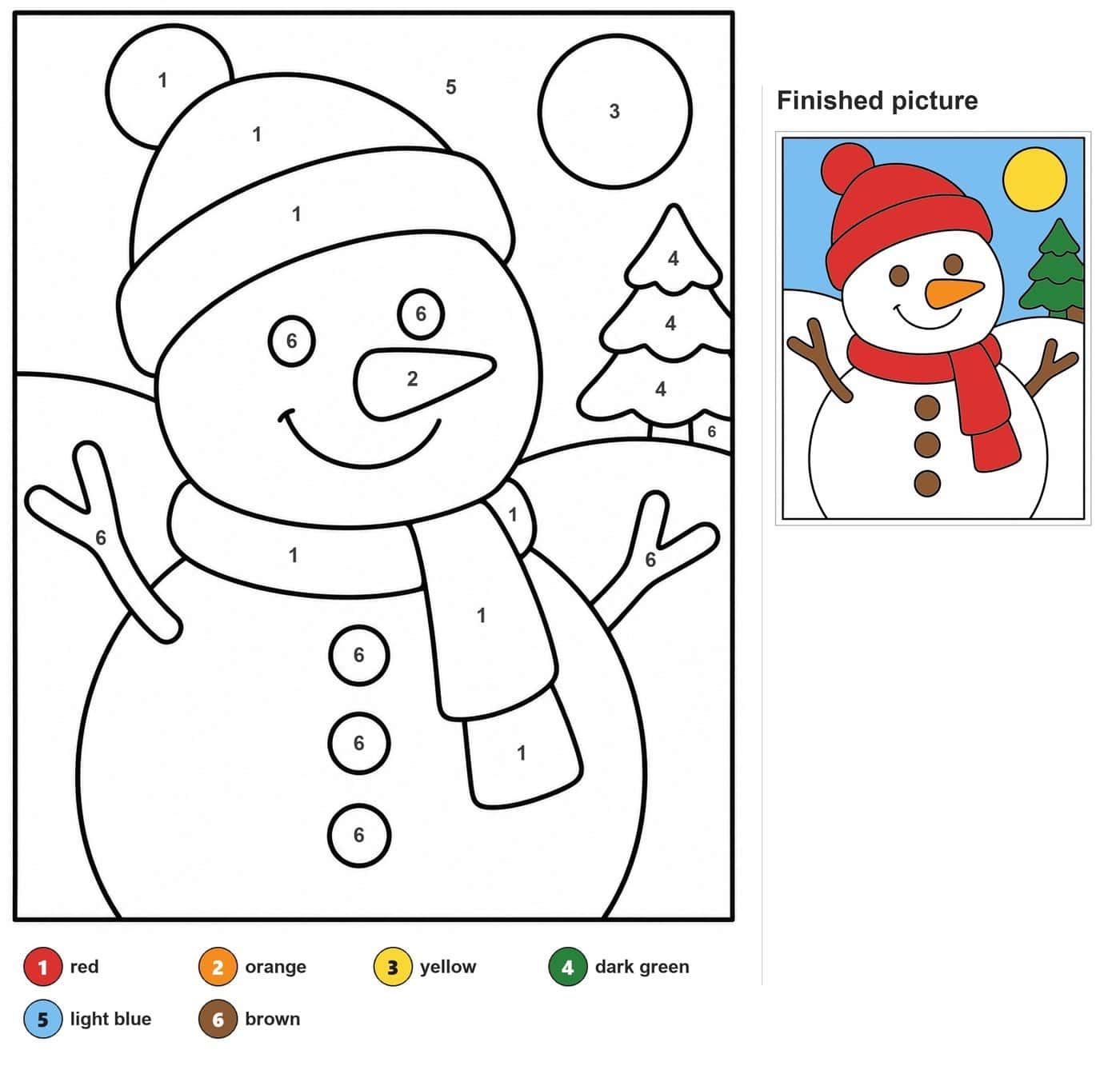 Snowman with pom-pom hat, scarf, carrot nose, three buttons, stick arms, fir tree and round moon