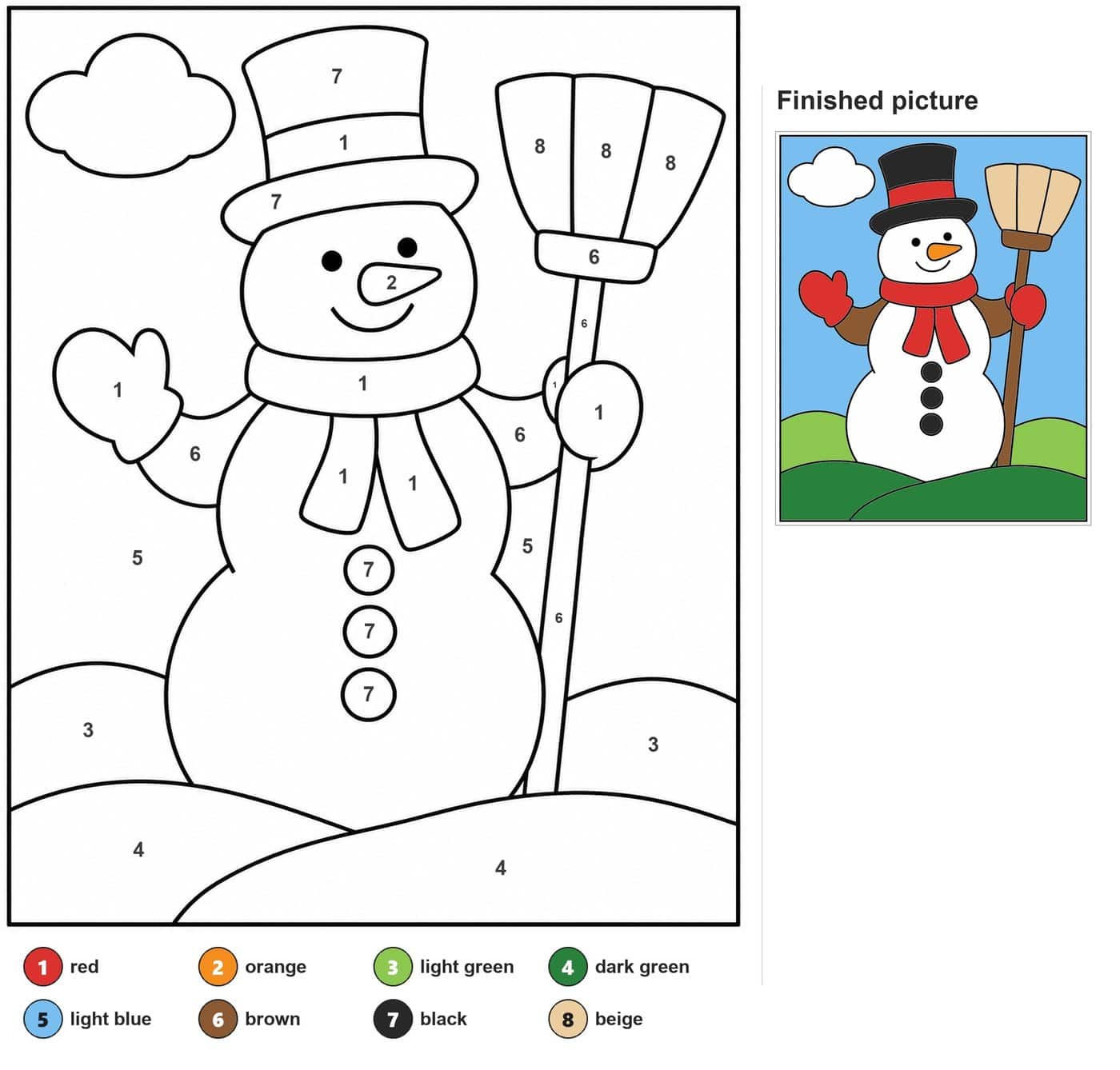 Snowman with top hat, scarf, three buttons, waving mitten and broom on snowy hills with a cloud