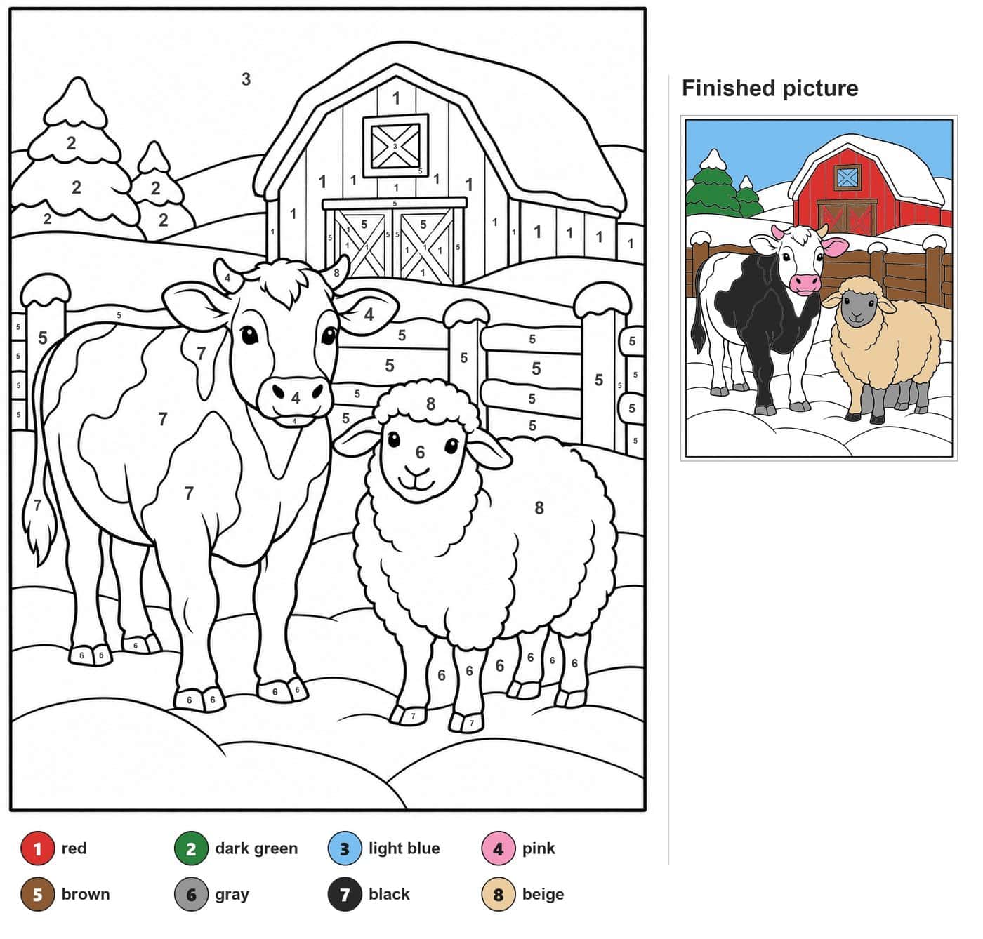 Cow and sheep in front of a snowy barn, wooden fence and two fir trees