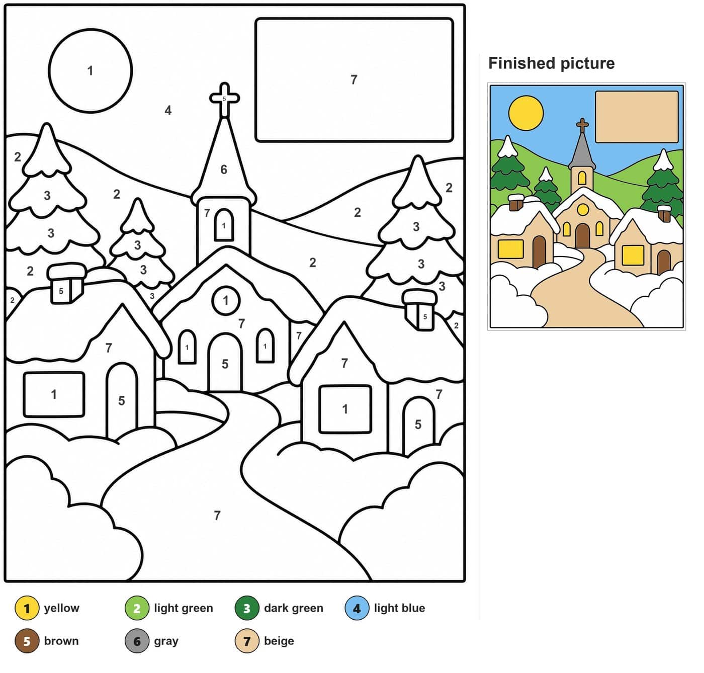 Snowy village with a church, two cottages, pine trees, hills, a sun and a winding path