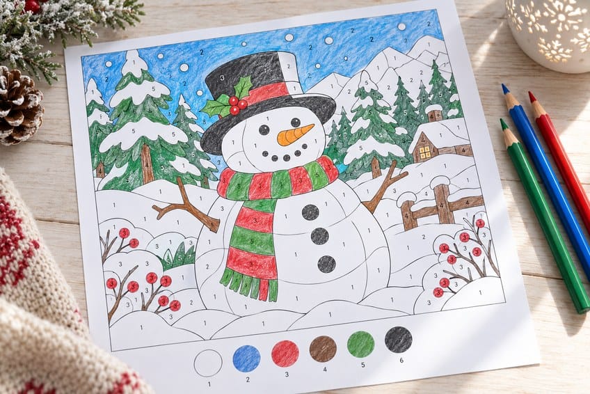 winter color by number worksheet partly colored in with pencils